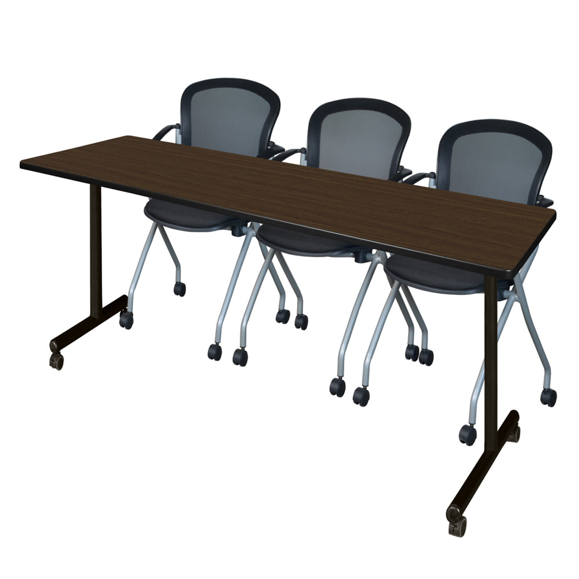 Regency Kobe Mobile T-Base Training Table with 2 Cadence Nesting Chairs — 84in. x 24in., Neo Walnut, Model# MKTRCC8424NW23BK